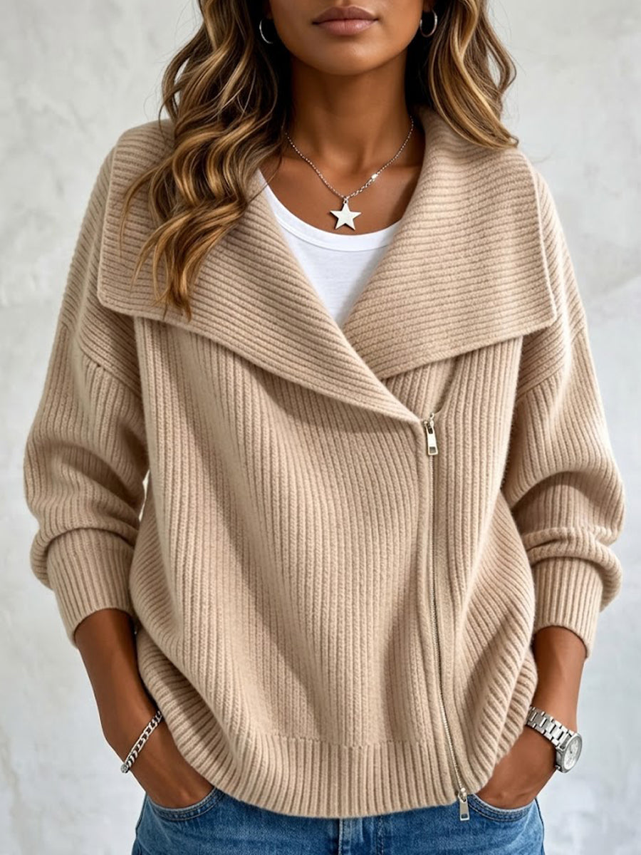 Collared Knit Jacket With Double Zippers