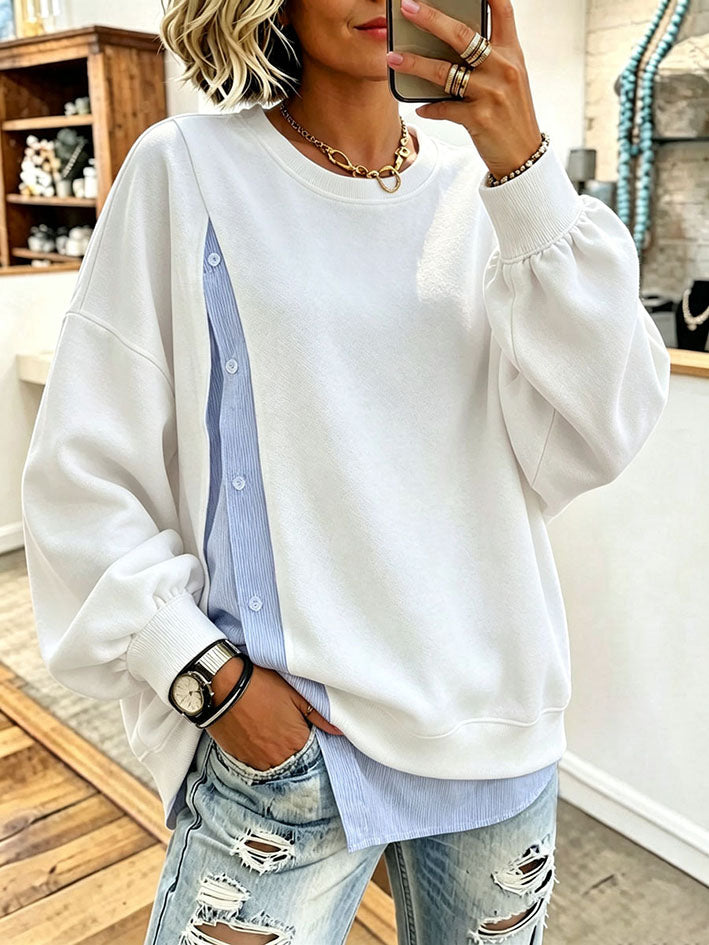Cozy Blue Striped Shirt-panel Sweatshirt (faux-layered Look)