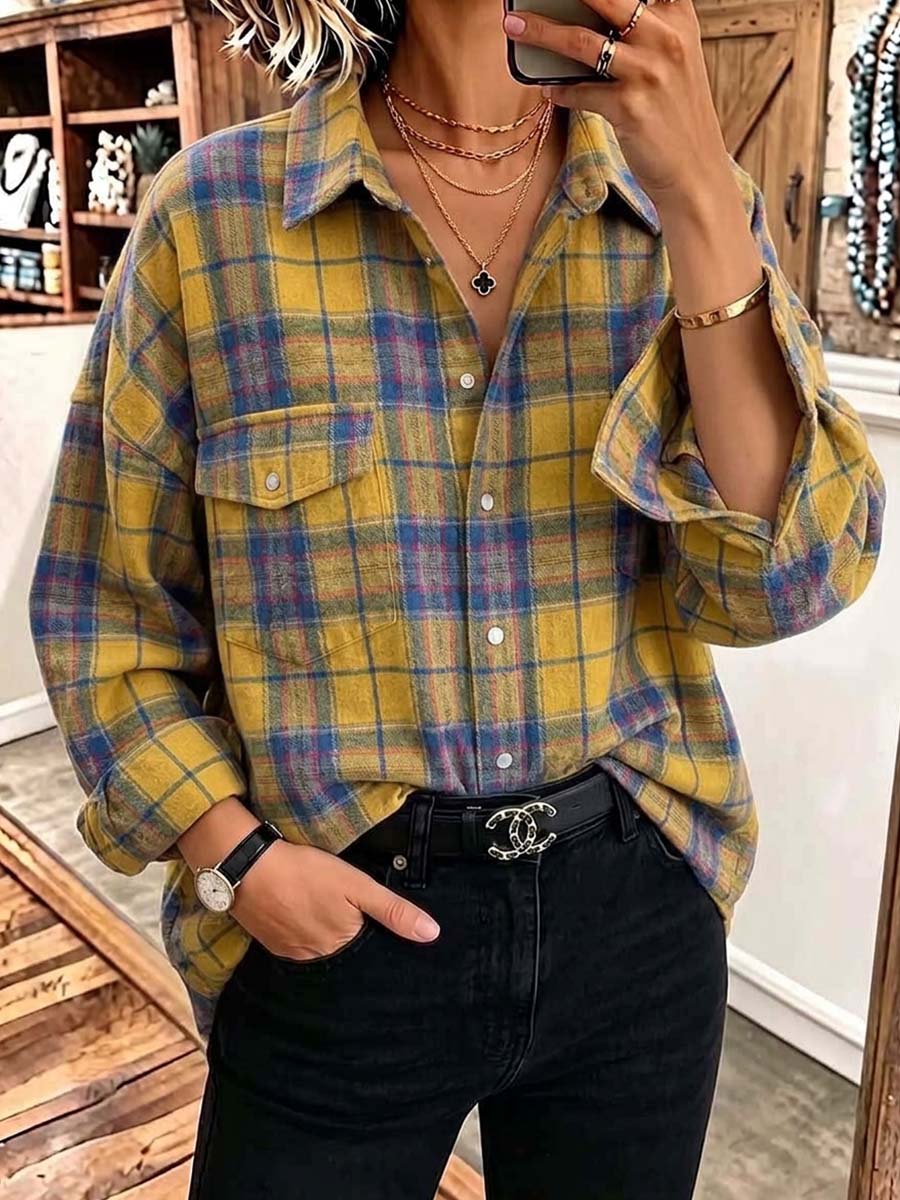 Women's Plaid Print Collared Long-sleeved Casual Loose Shirt