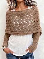 Women's Solid-Color Reversible Long-Sleeve Cut-Out Knit Shawl