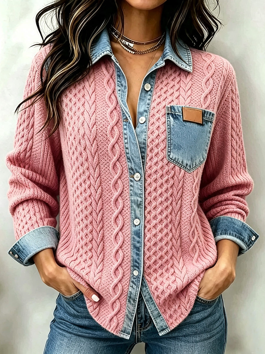 Casual Denim-Paneled Cable-Knit Shirt Jacket