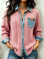 Casual Denim-Paneled Cable-Knit Shirt Jacket