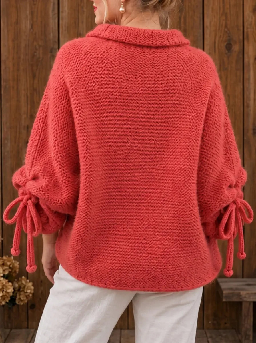 Women's Chunky Knit Asymmetric Button Sweater - Lantern Sleeve Tie-cuff Cardigan Coat