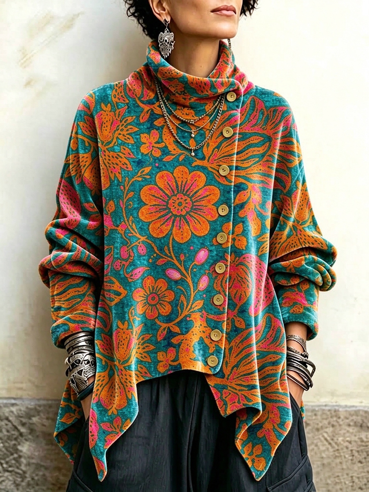 Velvet High-neck Top Featuring A Vintage Floral Print And An Asymmetrical Button-front Design