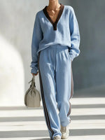 Casual Color-block Linen-cotton Top And Trousers Two-piece Set