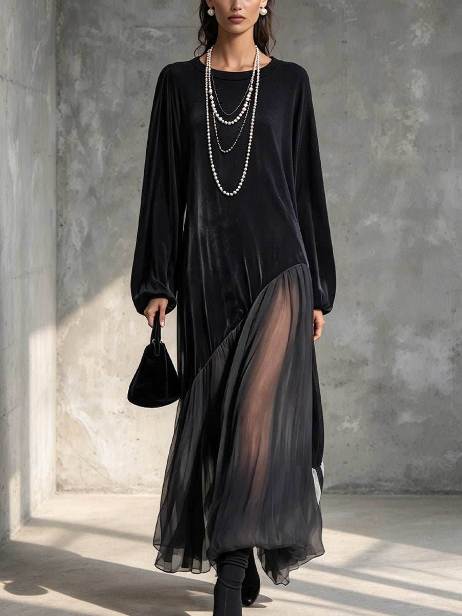 Elegant Long Dress Featuring A Combination Of Velvet And Chiffon.