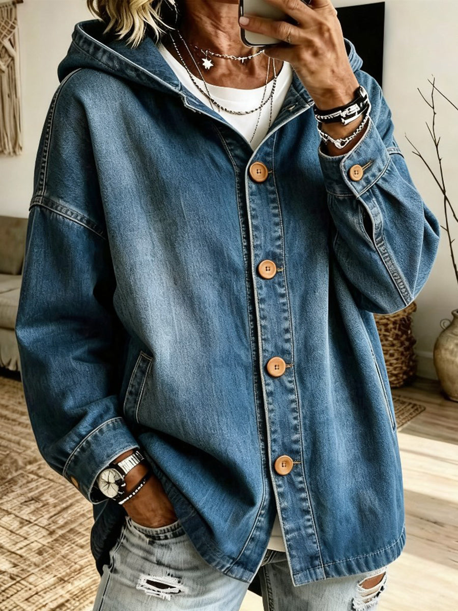 Casual Hooded Button-Front Denim Jacket