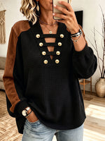 Chic Colorblock Waffle Knit Top With Gold Button Accents