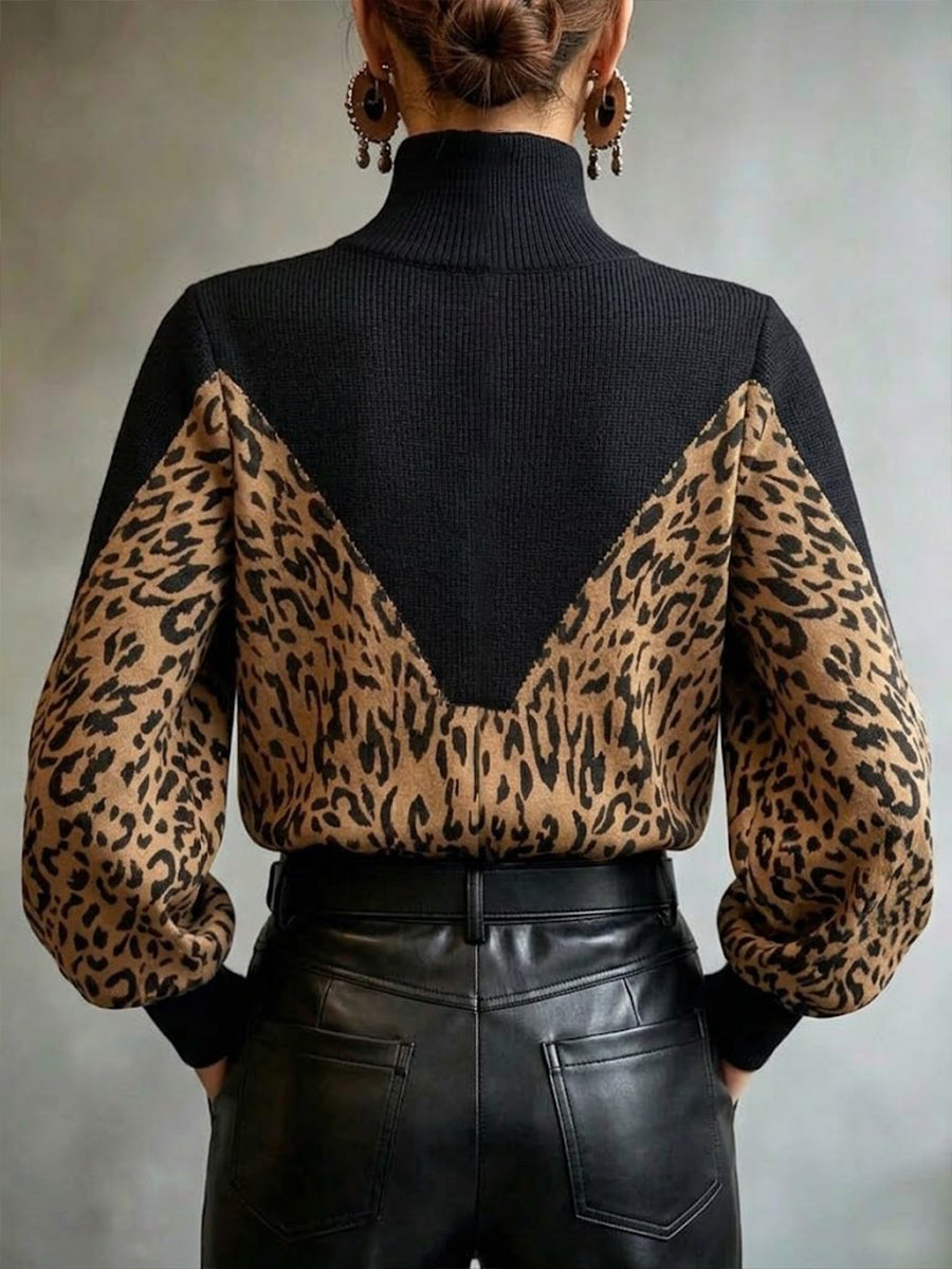 Chic Leopard-print Top With Woven And Knit Paneling