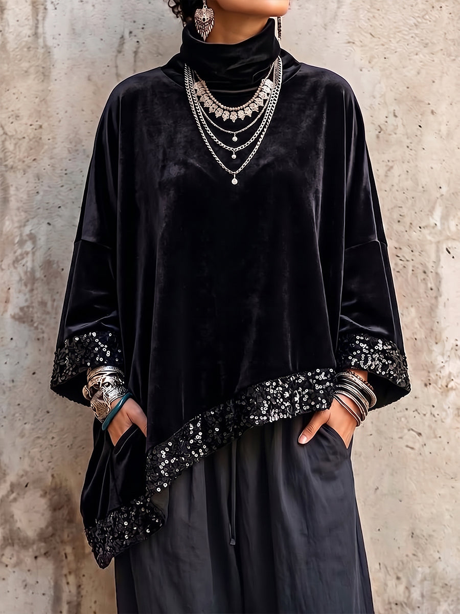 Luxurious Sequin-Trimmed Velvet Turtleneck Tunic