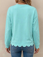 Cotton Long-sleeve Top With A Round Neck And Scalloped Hem