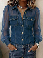 Women's Collared Long-sleeved Casual Loose Chiffon Patchwork Denim Shirt