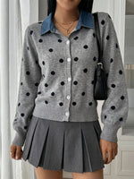 Chic Denim Patchwork Polka Dot Knit Cardigan