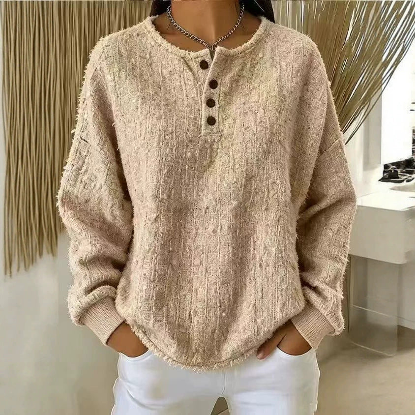 Chic Textured Henley Sweatshirt In Mixed-color Chunky Yarn