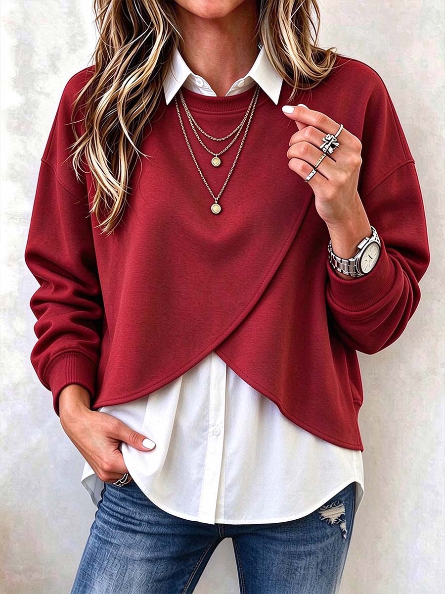 Women's 2-in-1 Layered Tulip Hem Pullover Top.