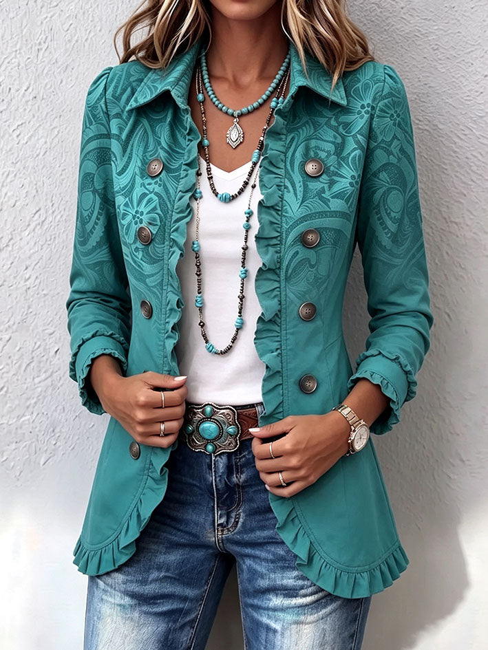 Elegant Teal Floral Print Denim Ruffle Blazer