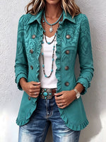 Elegant Teal Floral Print Denim Ruffle Blazer