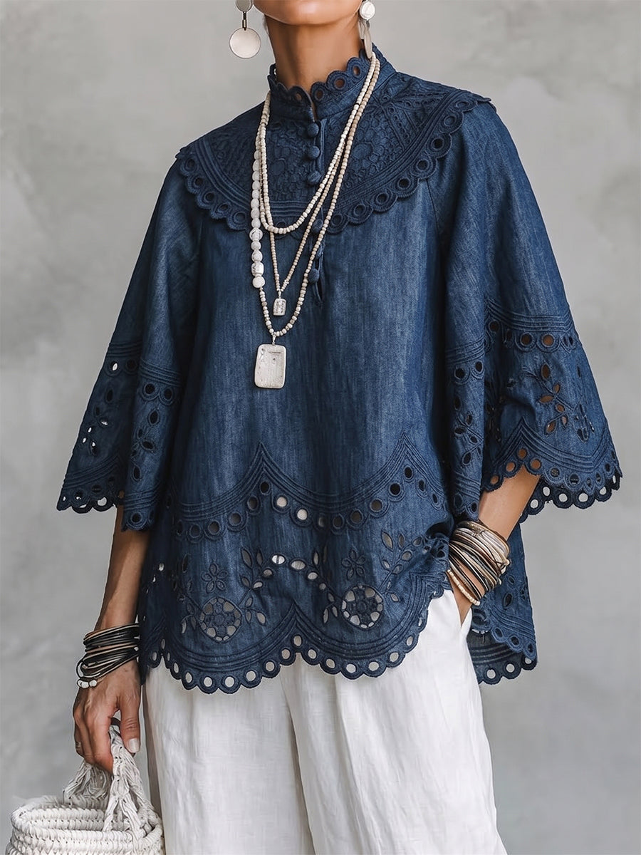 Boho Embroidered Eyelet Denim Blouse