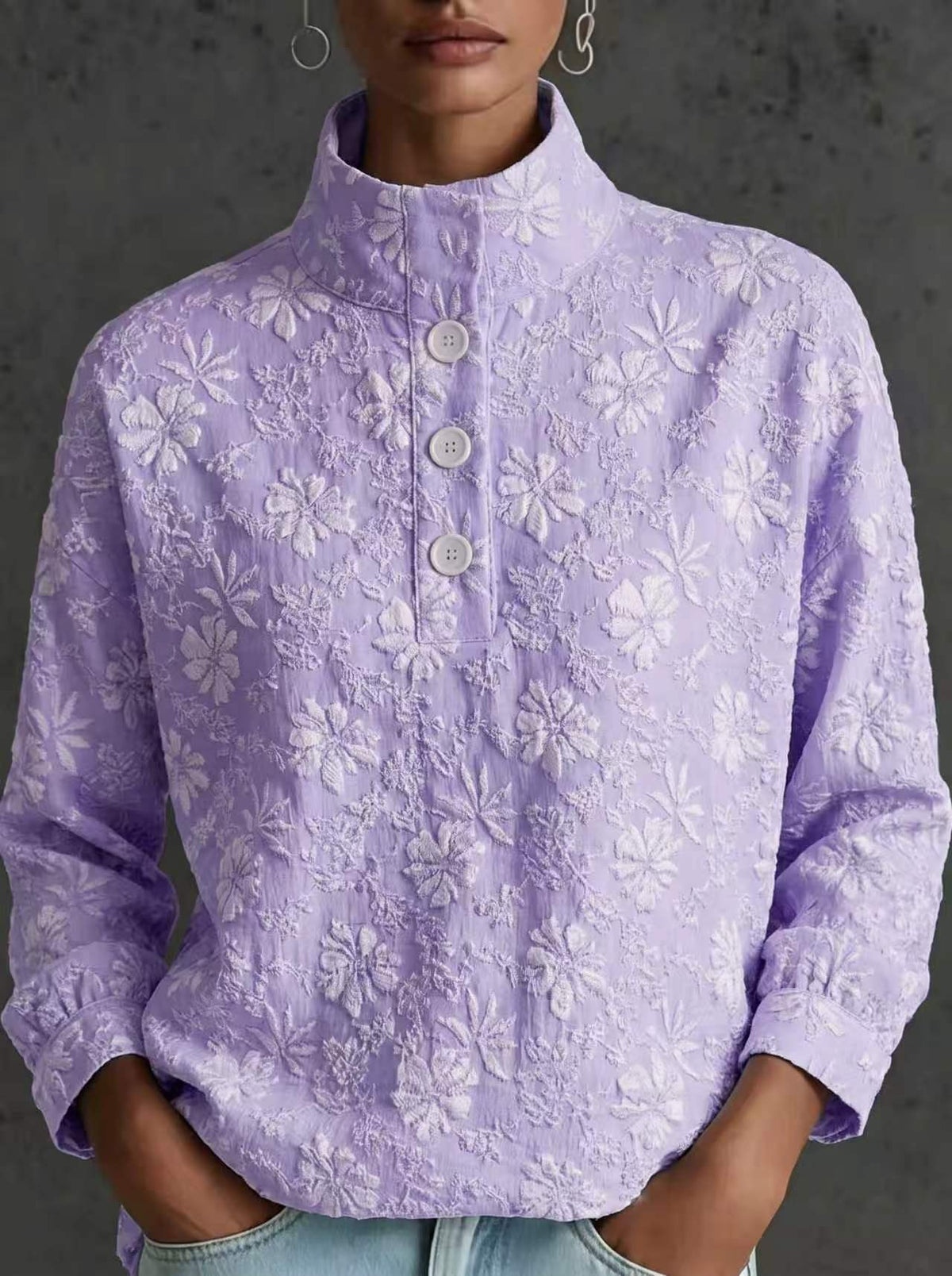 Elegant Floral Textured Mock-Neck Blouse