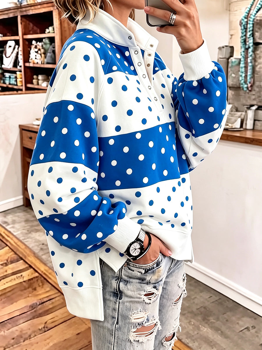 Playful Polka-Dot Button-Neck Sweatshirt