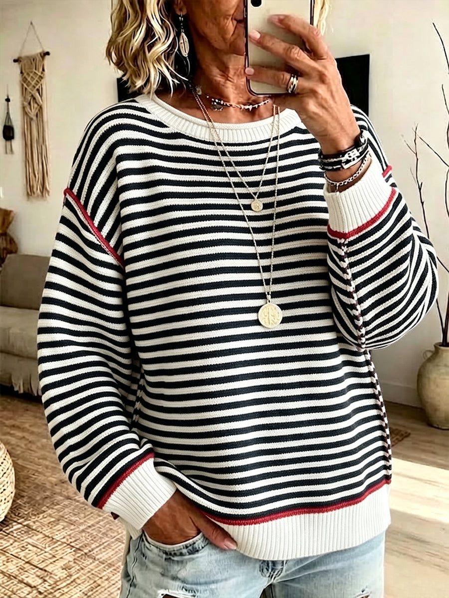 Casual, Loose-fitting, Long-length Color-block Striped Knit Top