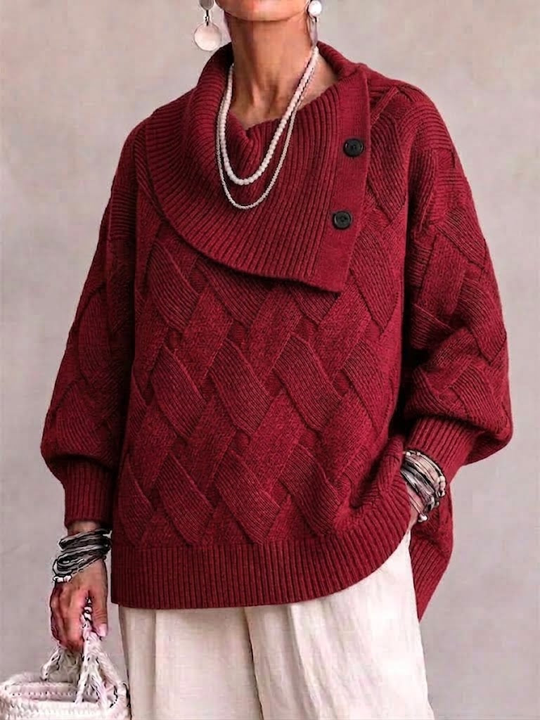 Asymmetric Collar Button‑decor Diamond‑weave Drop‑shoulder Loose Knit Pullover