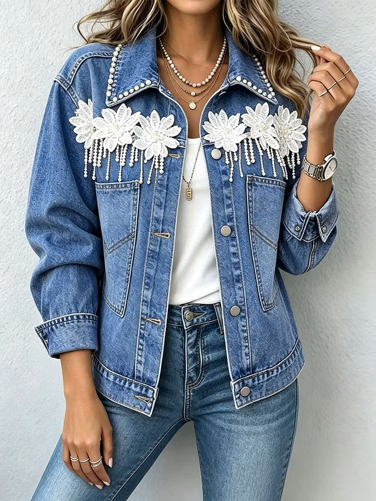 Chic Casual Denim Jacket With 3d Floral Appliqué And Tassels