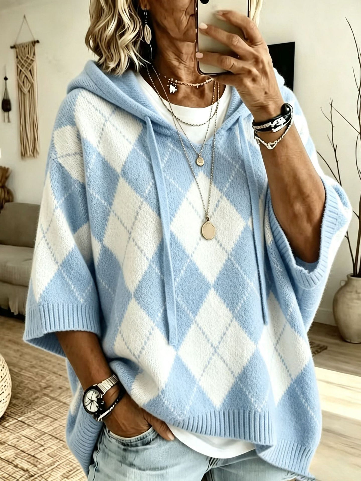 Checked-print Casual Hooded Knit Drawstring Sweatshirt