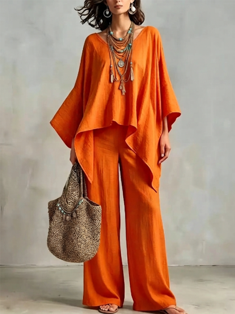 Loose-fit Solid-color Set With A Round Neck And Asymmetrical Design.