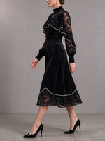 Chic Mock-Neck Velvet & Sheer Velvet Midi Dress