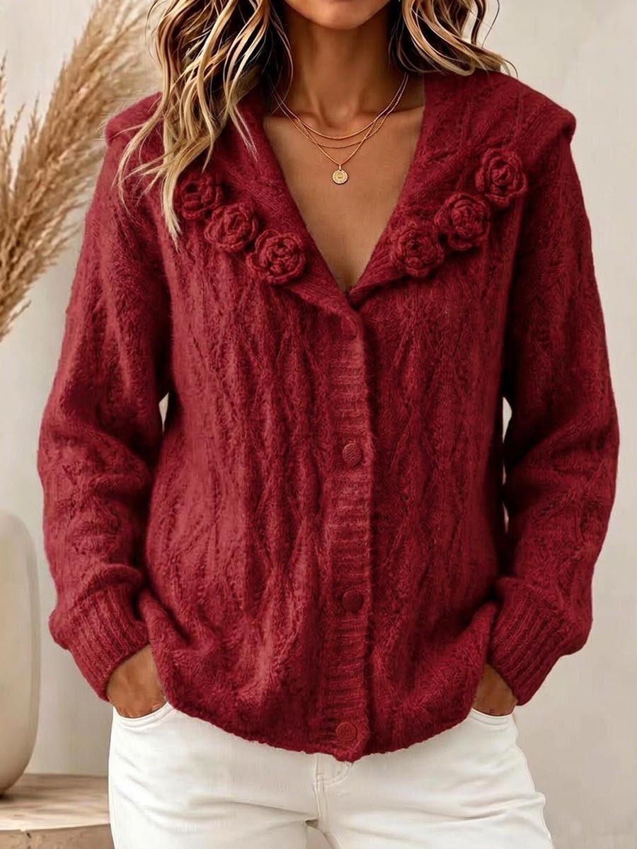 Women's Solid Color Sailor Collar Long-sleeve Casual Loose Textured Crochet Knit Cardigan