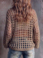 Women's Solid Color V-neck Long-sleeved Casual Loose-fitting Openwork Knit Pullover