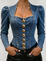 Chic Tencel Denim 3D Rose Appliqué Blouse