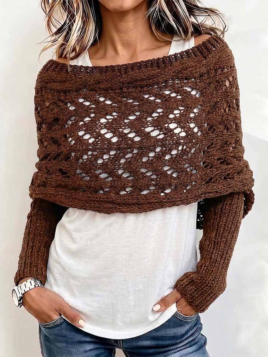 Women's Solid-Color Reversible Long-Sleeve Cut-Out Knit Shawl