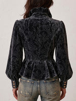 Vintage-style Elegant Floral Velvet Top With A Ruffled Collar And Ruffled Hem.