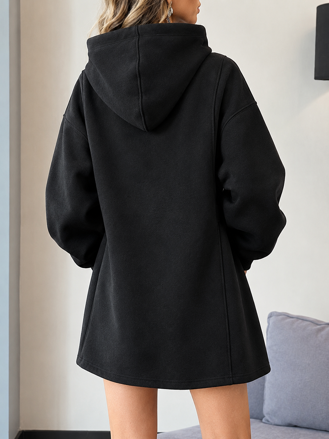 Stylish And Casual Long Hooded Sweatshirt With Adjustable Waist Buckle