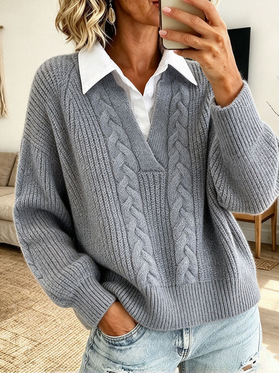 Classic Cable Knit False Two-piece Cable Sweater