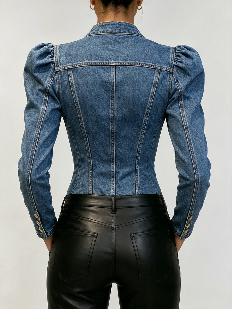 Chic Tencel Denim 3D Rose Appliqué Blouse