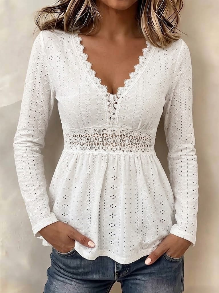 V-neck Waist-cinching Top With Lace Panels And Cut-out Embroidery