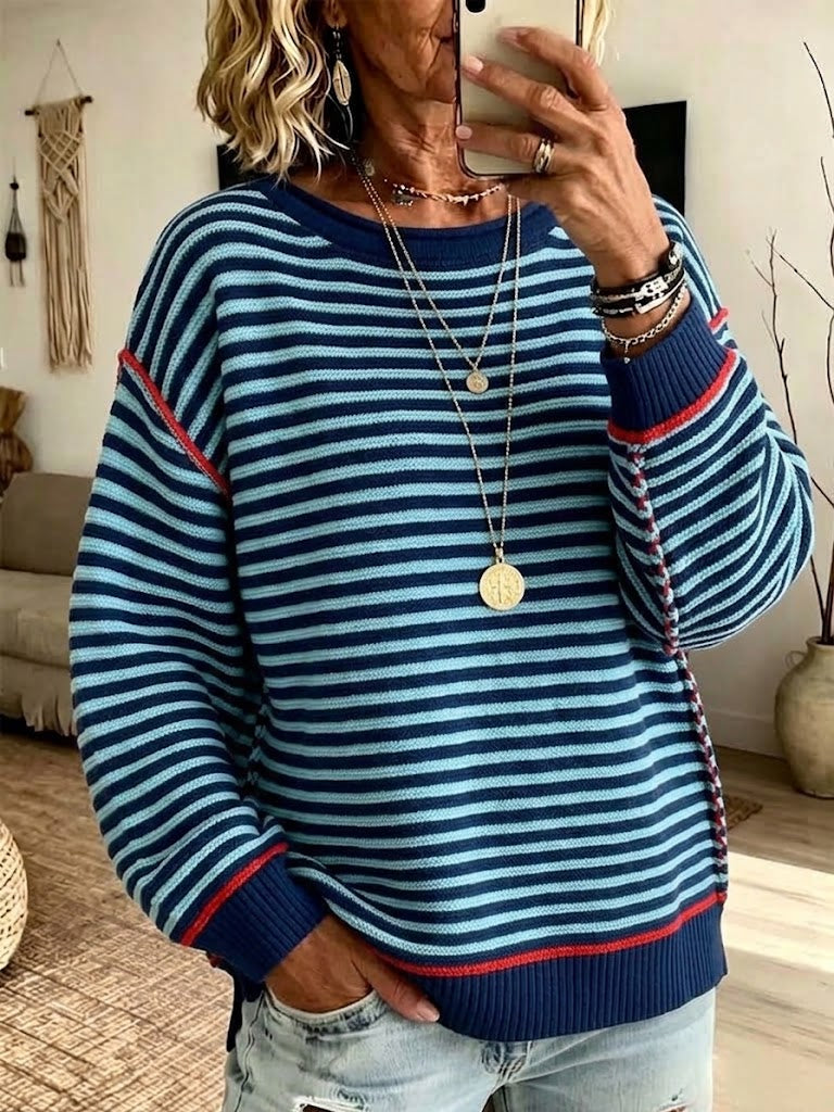 Casual, Loose-fitting, Long-length Color-block Striped Knit Top