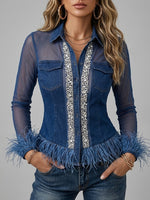 Rhinestone-embellished Feather-trimmed Denim And Mesh Shirt