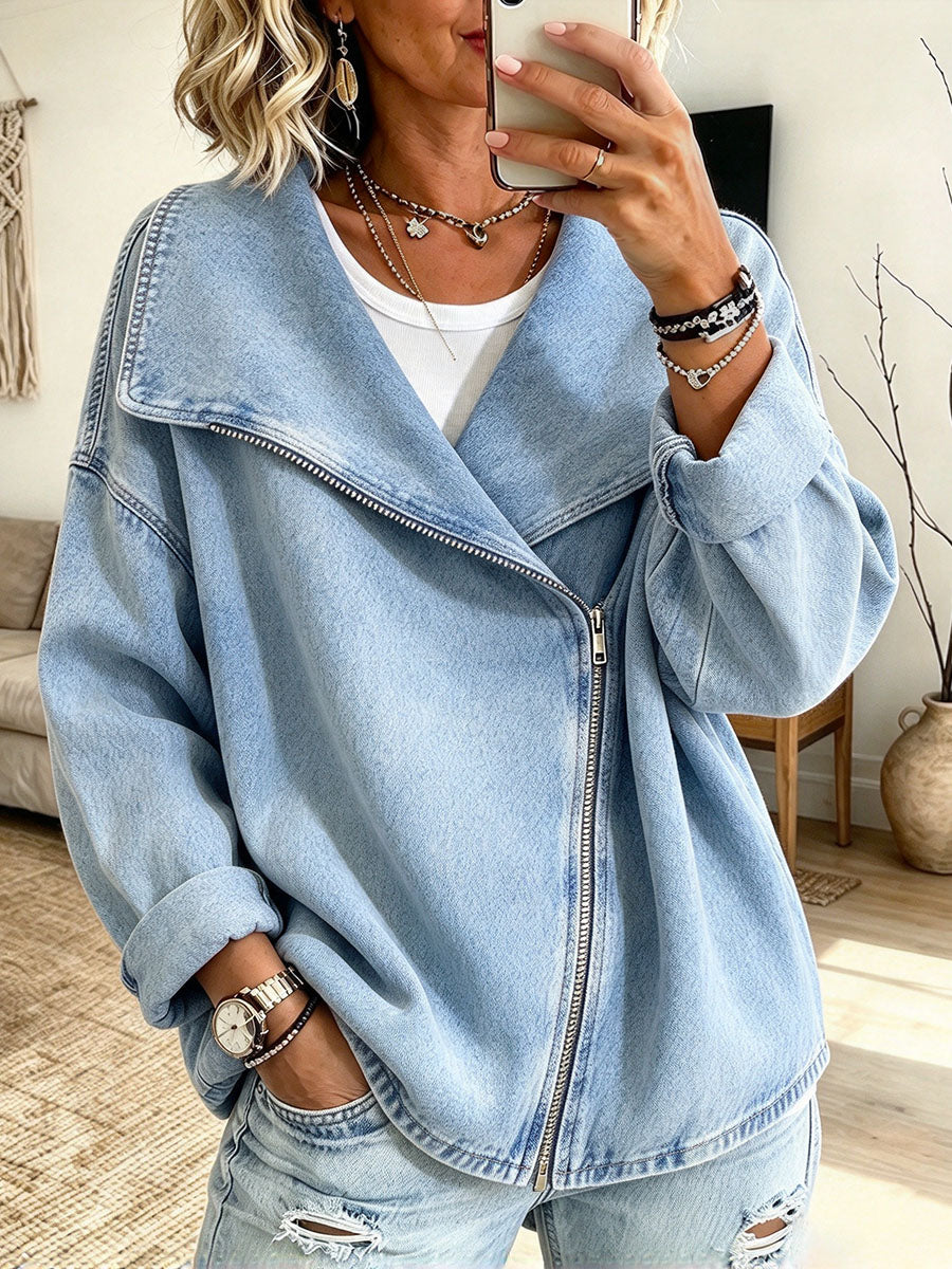 Chic Asymmetric Light Blue Denim Zip Jacket