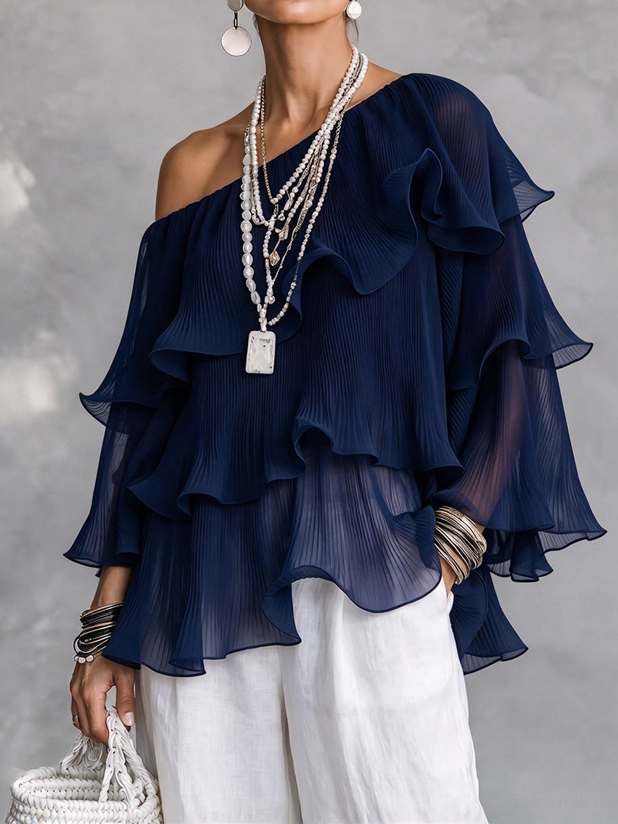 Elegant Ruffled One-Shoulder Pleated Blouse