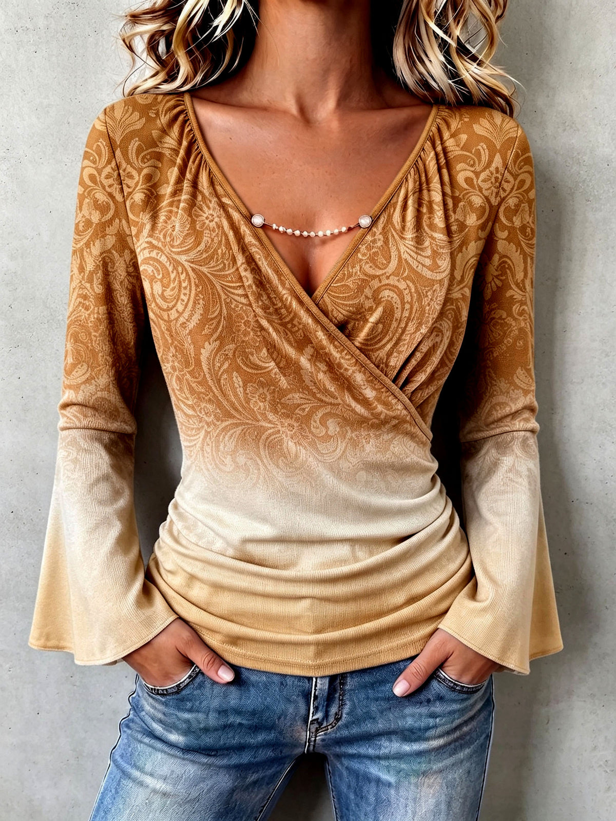Boho Ombre Paisley Stretchy Bell Sleeves Blouse