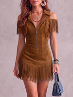 Women's Solid Color Collar Hollow-out Short Sleeve Casual Loose Tassel Dress