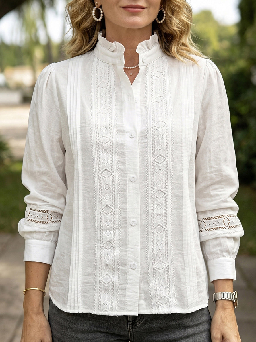 Ruffled Collar Lace Embroidered Cotton Blouse