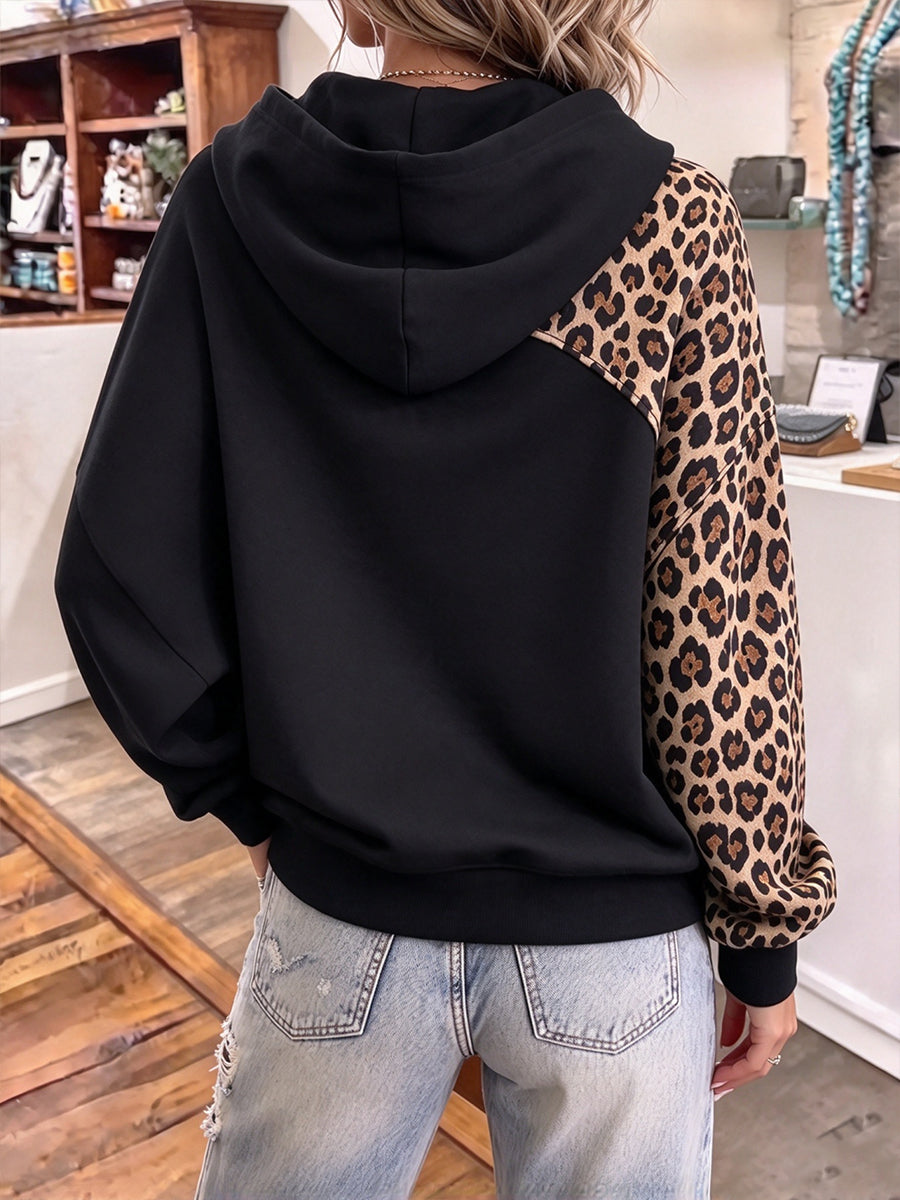 Edgy Leopard-Patchwork Cutout Hooded Sweatshirt