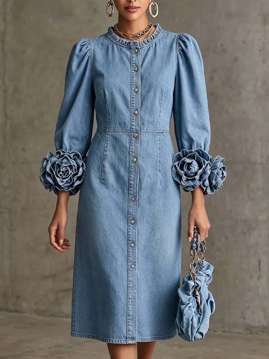 Stylish Mid-length Denim Dress With 3d Floral Cuffs And Front Button Closure