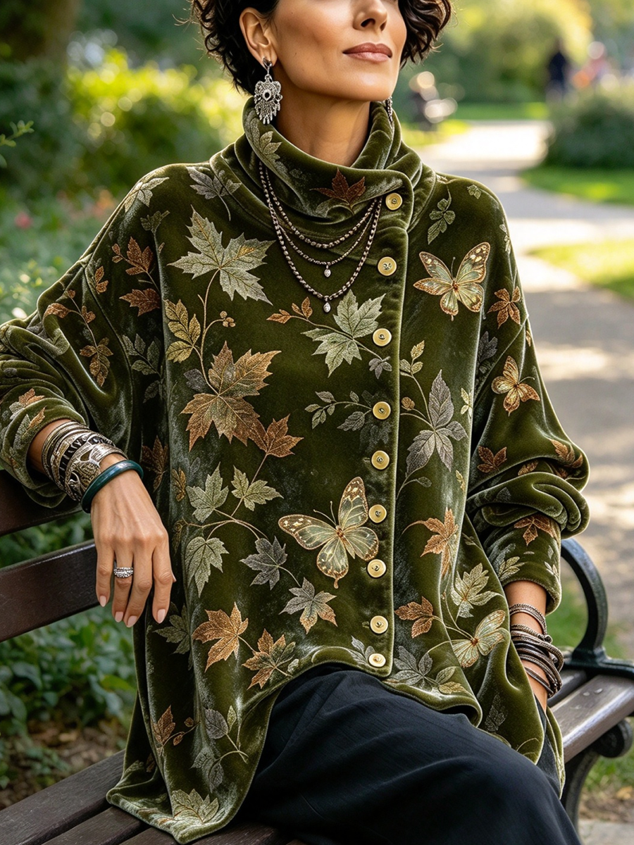 Relaxed Leaf And Butterfly Printed Asymmetric Velvet Top