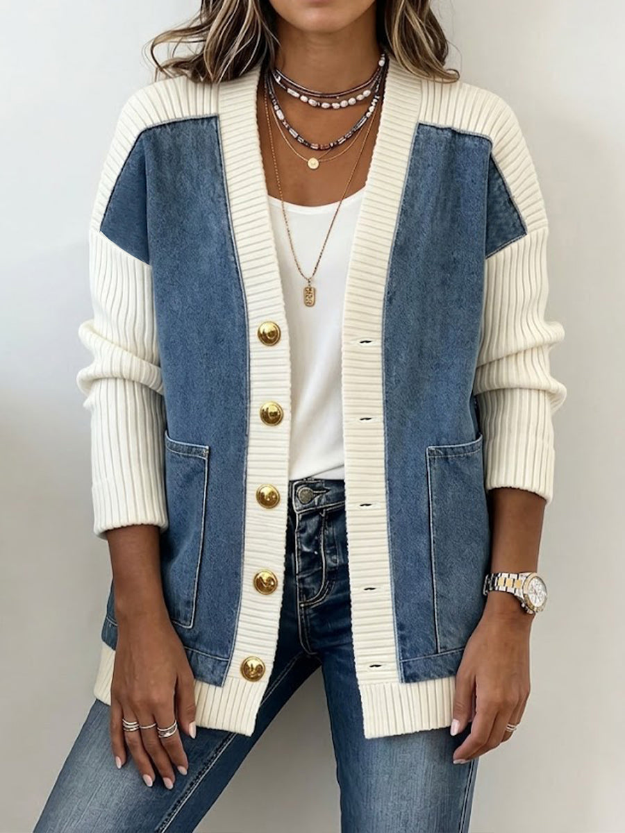 Casual Paneled Knit Denim Cardigan